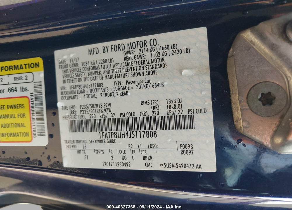 2018 FORD MUSTANG ECOBOOST PREMIUM VIN: 1FATP8UH4J5117808
