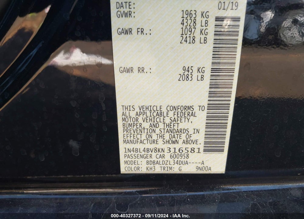2019 NISSAN ALTIMA 2.5 S VIN: 1N4BL4BV8KN316581
