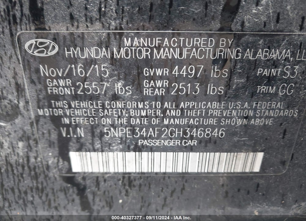 2016 HYUNDAI SONATA VIN: 5NPE34AF2GH346846