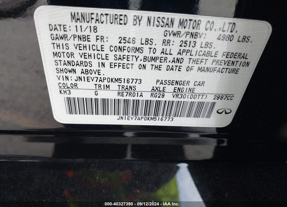 2019 INFINITI Q50 3.0T LUXE VIN: JN1EV7AP0KM516773