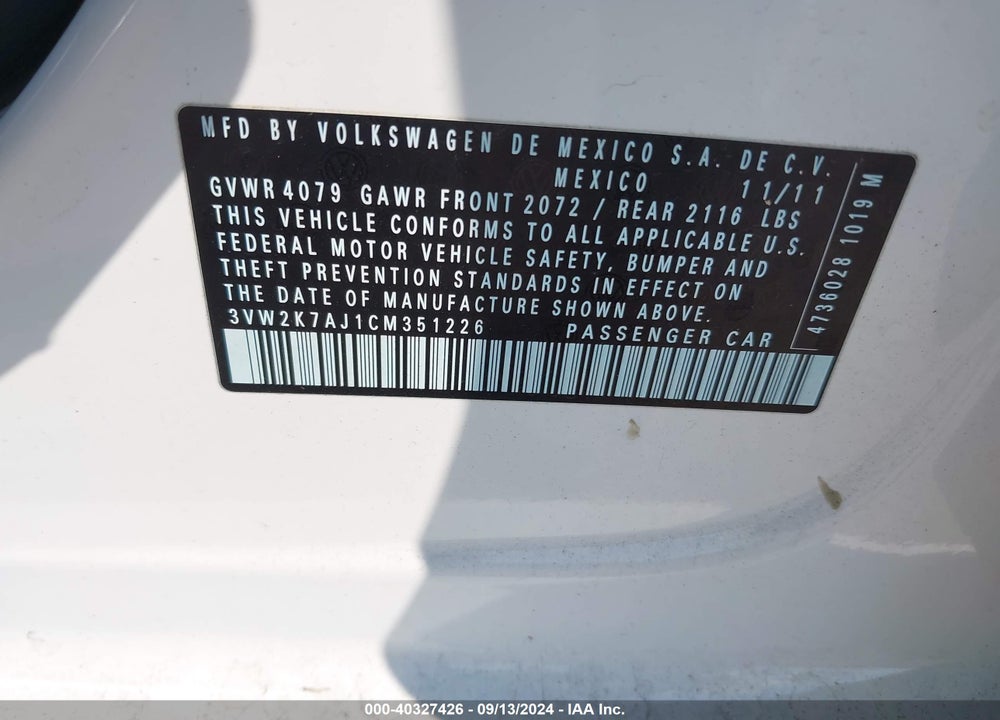 2012 VOLKSWAGEN JETTA 2.0L S VIN: 3VW2K7AJ1CM351226