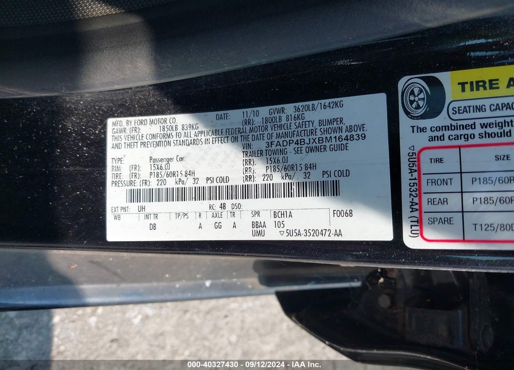 2011 FORD FIESTA VIN: 3FADP4BJXBM164839