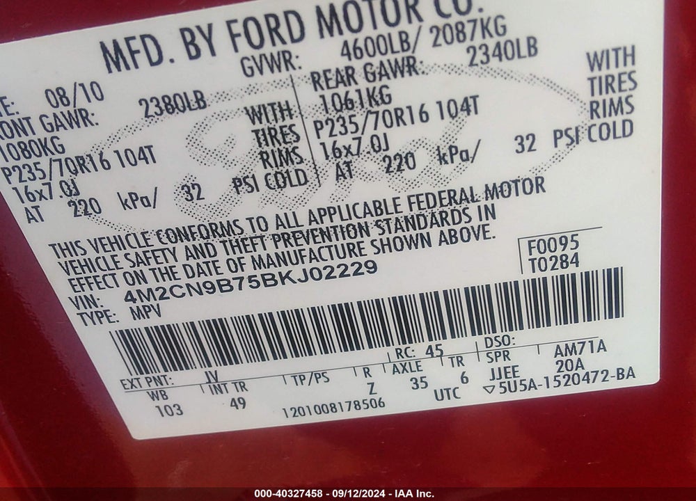 2011 MERCURY MARINER VIN: 4M2CN9B75BKJ02229
