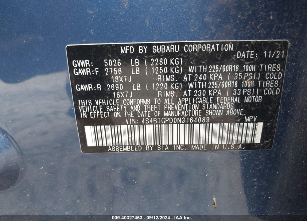 2022 SUBARU OUTBACK TOURING XT VIN: 4S4BTGPD0N3164089
