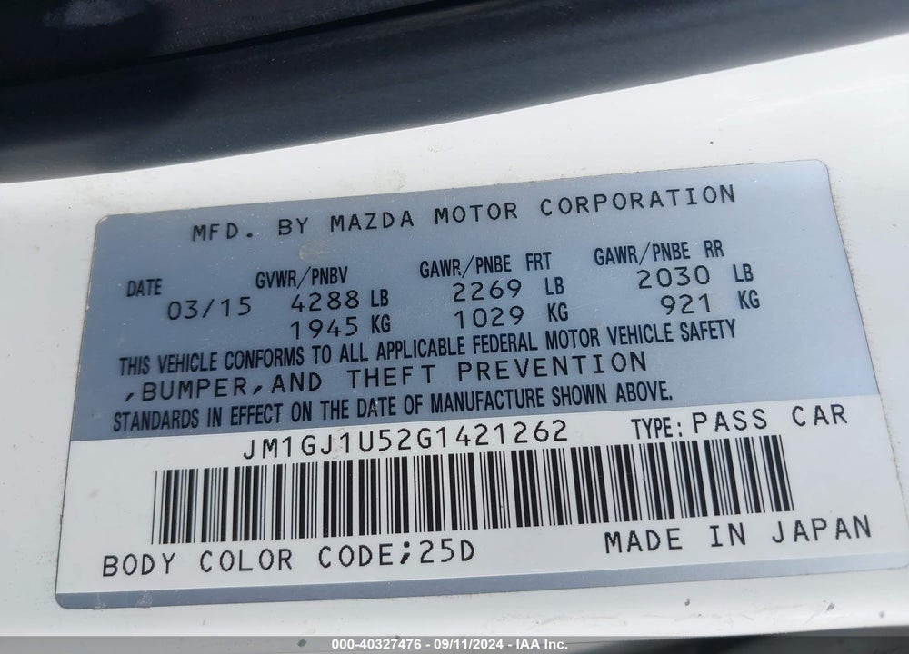 2016 MAZDA 6 I SPORT VIN: JM1GJ1U52G1421262