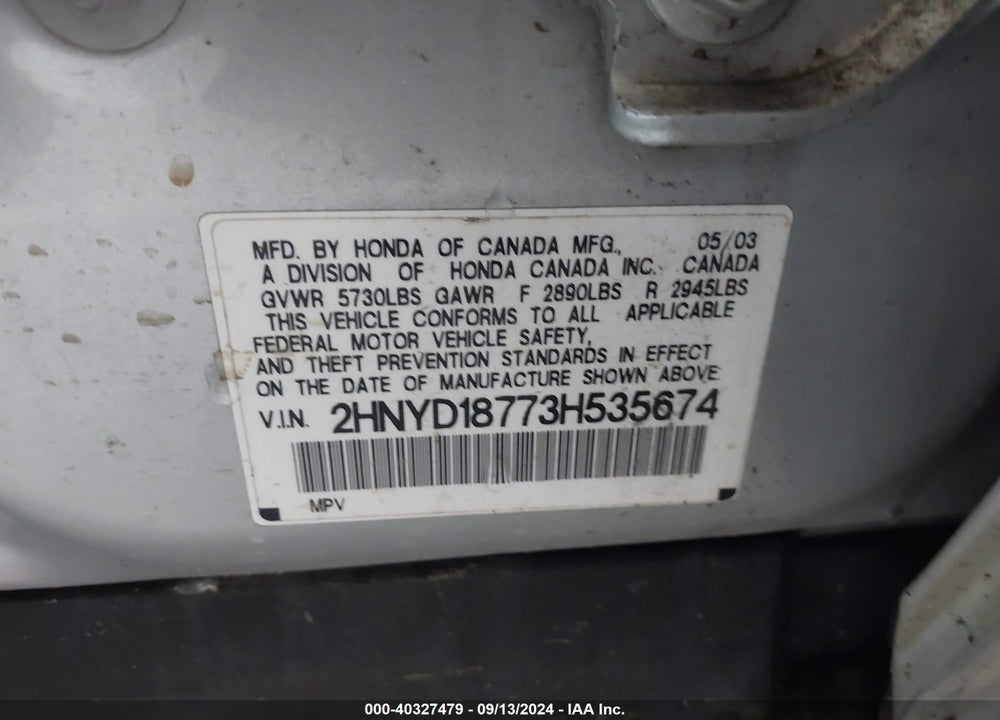 2003 ACURA MDX VIN: 2HNYD18773H535674