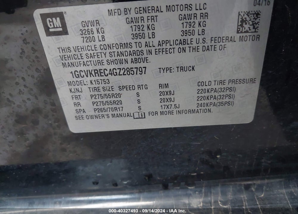 2016 CHEVROLET SILVERADO 1500 2LT VIN: 1GCVKREC4GZ285797