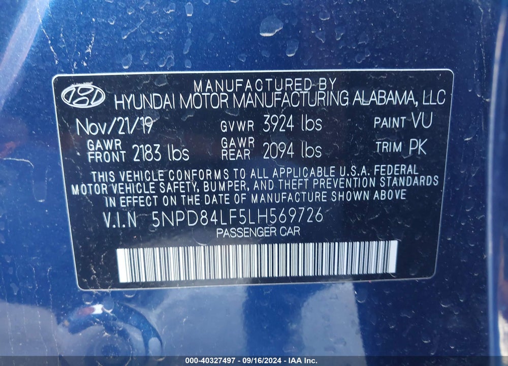 2020 HYUNDAI ELANTRA SEL VIN: 5NPD84LF5LH569726