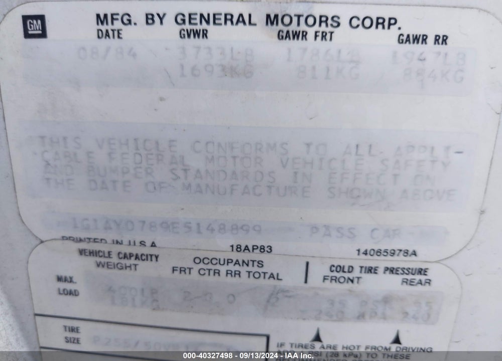 1984 CHEVROLET CORVETTE VIN: 1G1AY0789E5148899