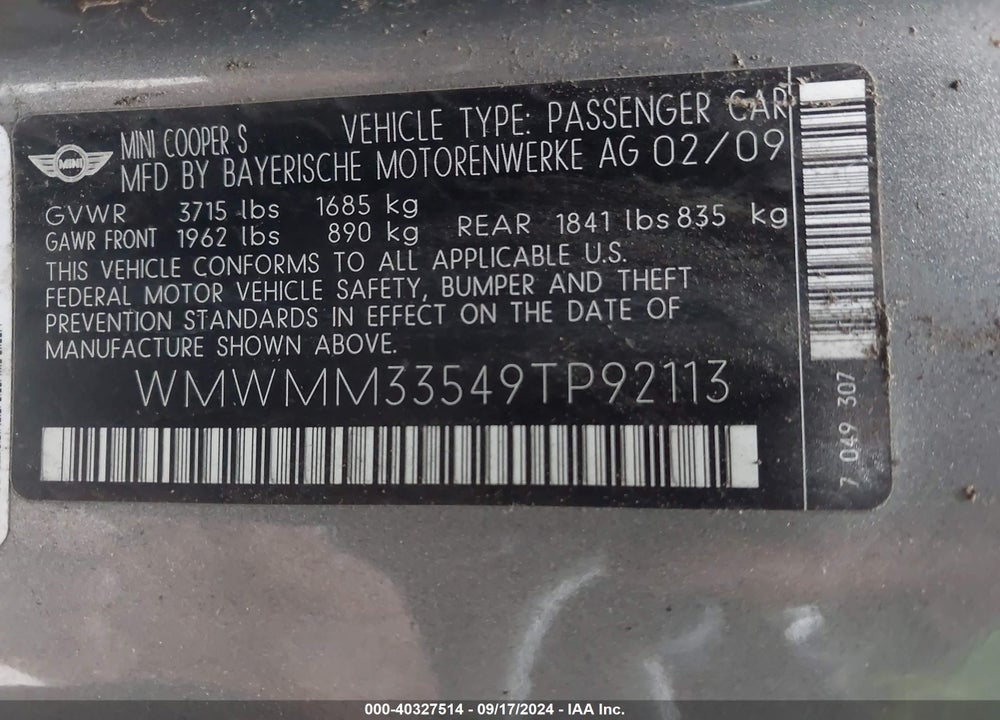 2009 MINI COOPER S CLUBMAN VIN: WMWMM33549TP92113