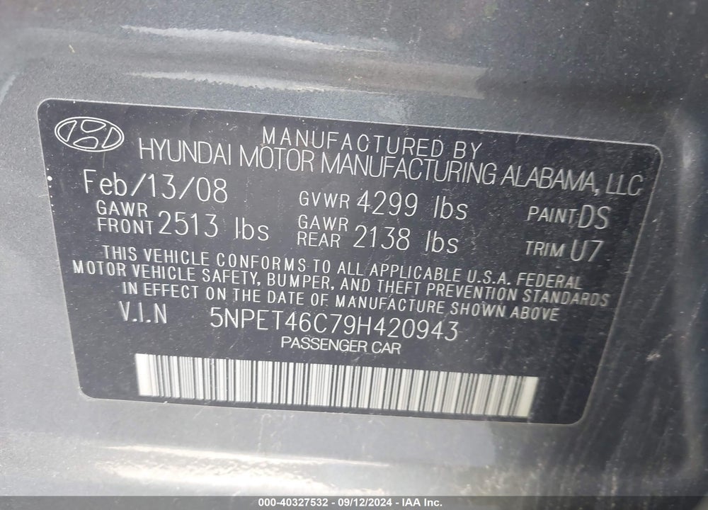 2009 HYUNDAI SONATA GLS VIN: 5NPET46C79H420943