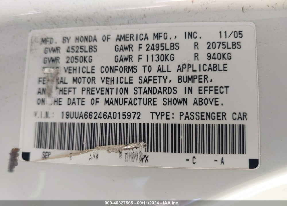 2006 ACURA TL VIN: 19UUA66246A015972