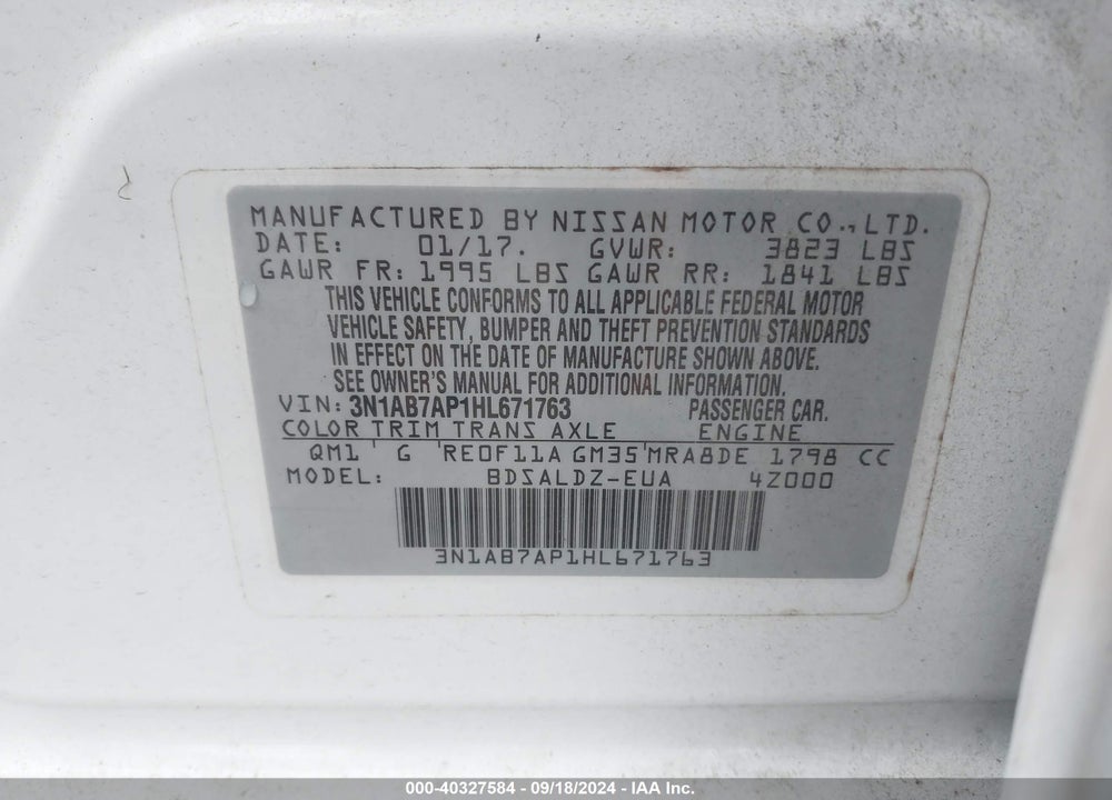 2017 NISSAN SENTRA SV VIN: 3N1AB7AP1HL671763