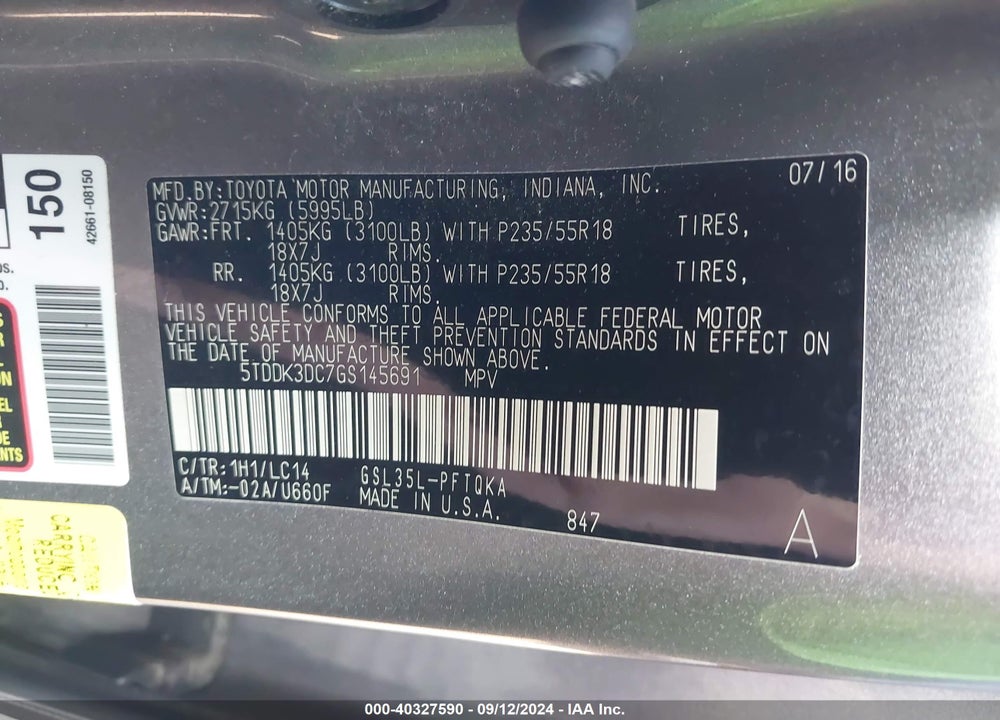 2016 TOYOTA SIENNA XLE PREMIUM 7 PASSENGER VIN: 5TDDK3DC7GS145691