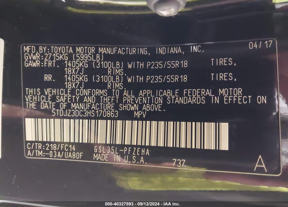 2017 TOYOTA SIENNA LE 7 PASSENGER VIN: 5TDJZ3DC3HS170863