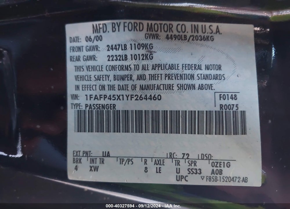 2000 FORD MUSTANG GT VIN: 1FAFP45X1YF264460