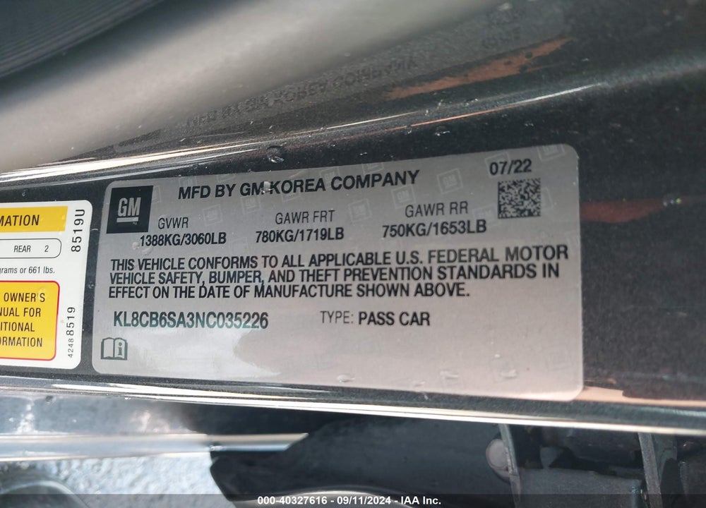 2022 CHEVROLET SPARK FWD LS AUTOMATIC VIN: KL8CB6SA3NC035226