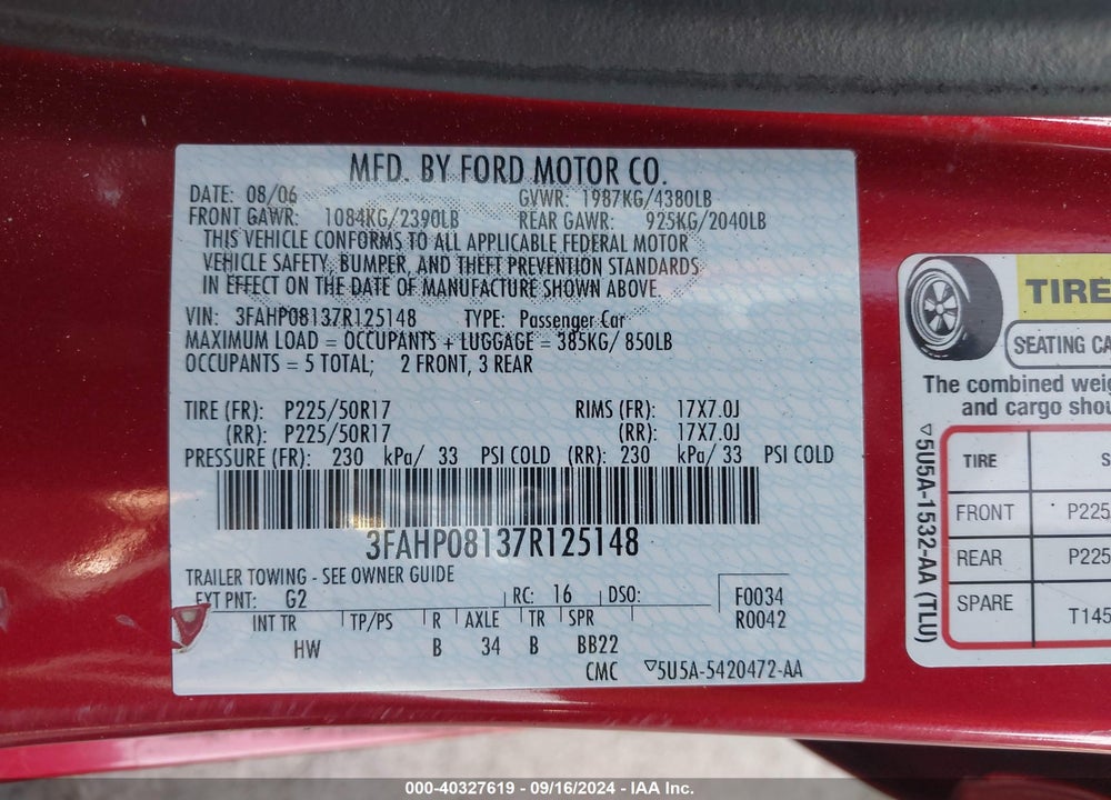 2007 FORD FUSION SEL VIN: 3FAHP08137R125148