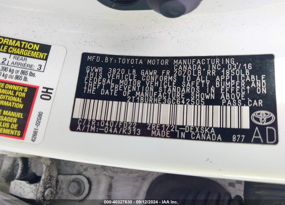 2016 TOYOTA COROLLA S PLUS VIN: 2T1BURHE3GC642505