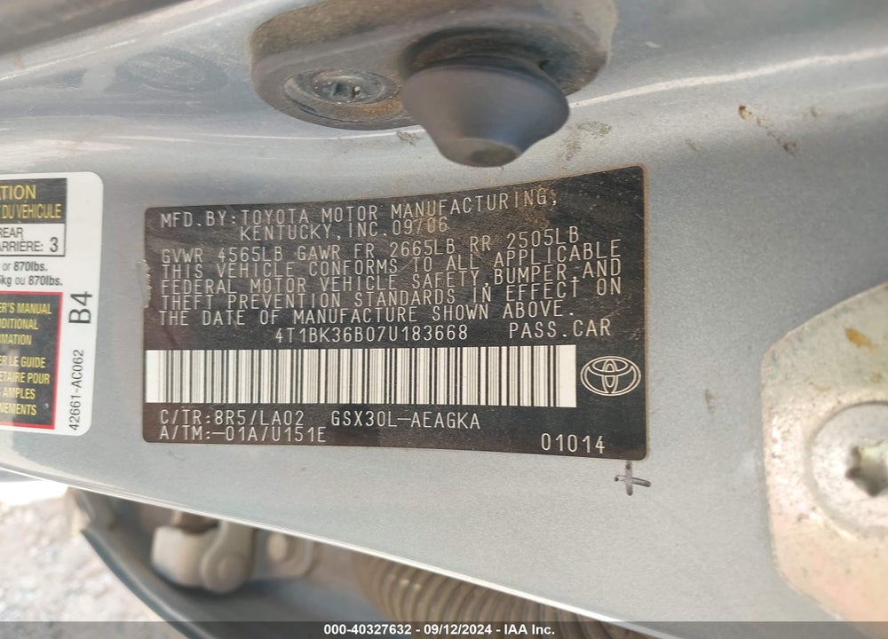 2007 TOYOTA AVALON XLS VIN: 4T1BK36B07U183668