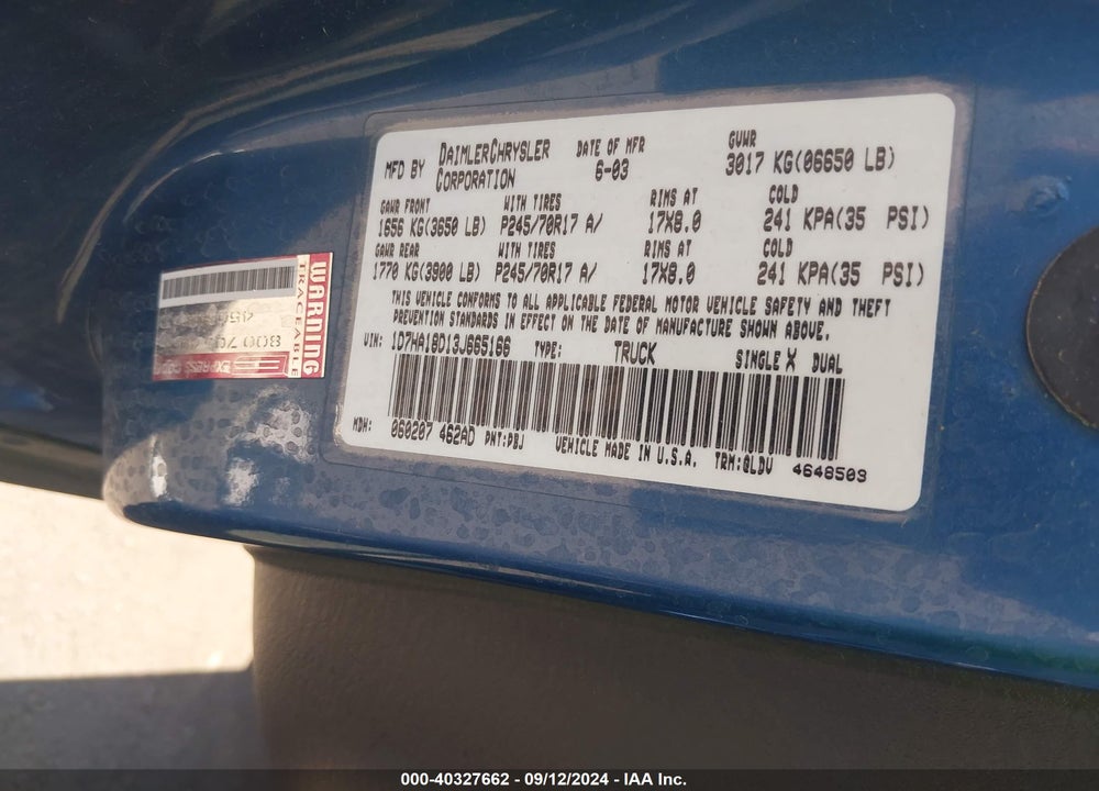 2003 DODGE RAM 1500 SLT/LARAMIE/ST VIN: 1D7HA18D13J665166