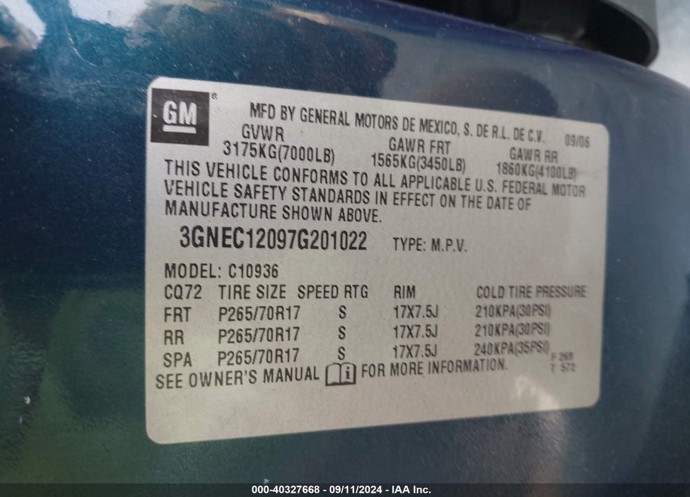 2007 CHEVROLET AVALANCHE 1500 LT VIN: 3GNEC12097G201022