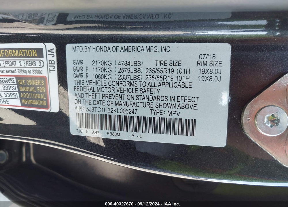 2019 ACURA RDX STANDARD VIN: 5J8TC1H32KL006247