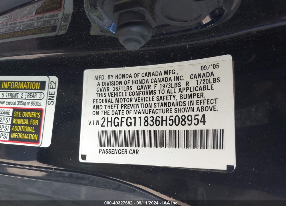 2006 HONDA CIVIC EX VIN: 2HGFG11836H508954