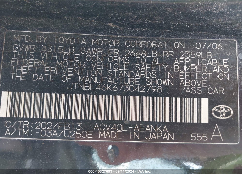 2007 TOYOTA CAMRY VIN: JTNBE46K673042798