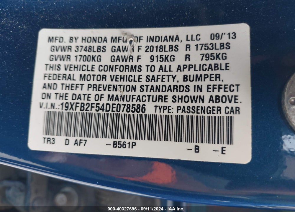 2013 HONDA CIVIC LX VIN: 19XFB2F54DE078586