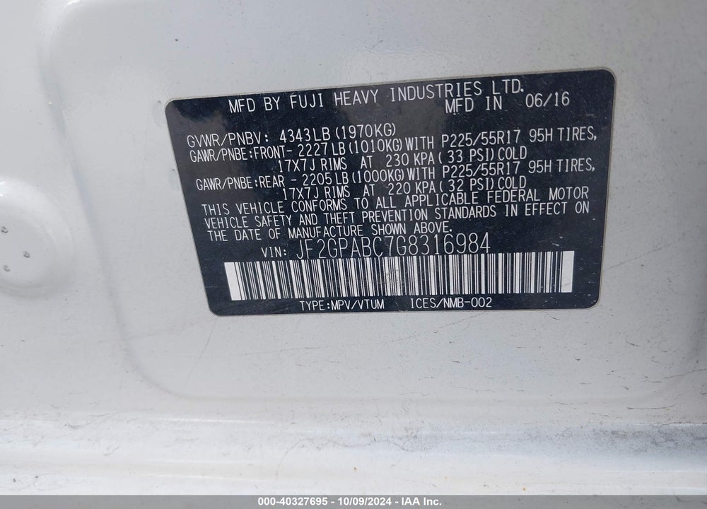 2016 SUBARU CROSSTREK 2.0I PREMIUM VIN: JF2GPABC7G8316984