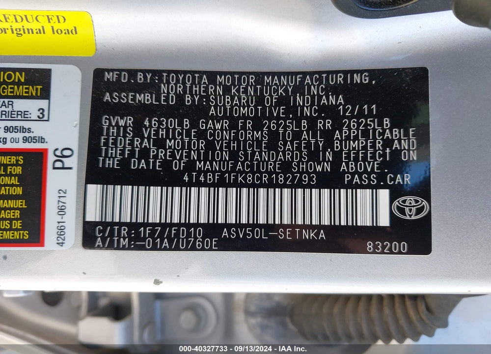2012 TOYOTA CAMRY LE VIN: 4T4BF1FK8CR182793