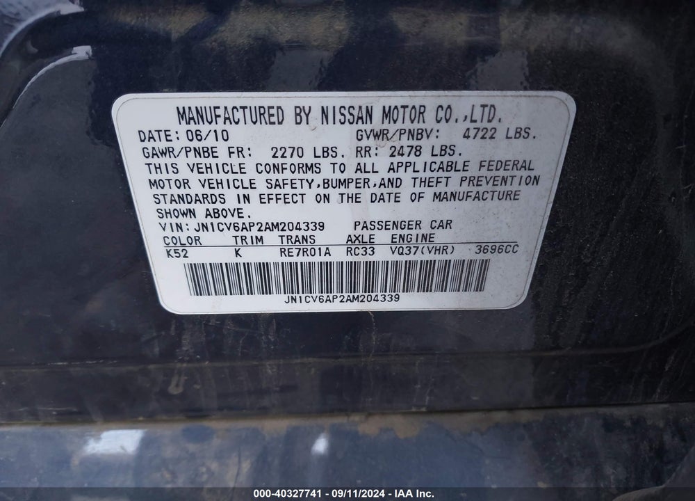 2010 INFINITI G37 JOURNEY VIN: JN1CV6AP2AM204339