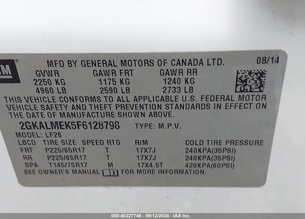 2015 GMC TERRAIN SLE-1 VIN: 2GKALMEK5F6128798