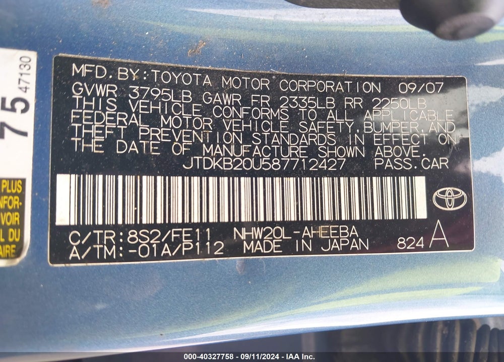 2008 TOYOTA PRIUS VIN: JTDKB20U587712427