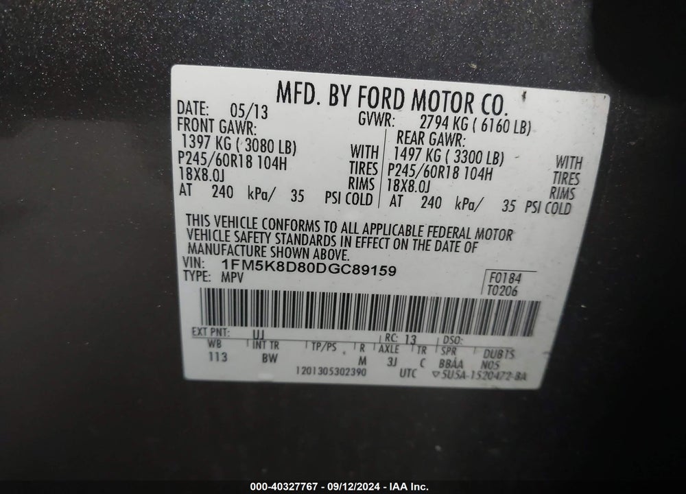 2013 FORD EXPLORER XLT VIN: 1FM5K8D80DGC89159