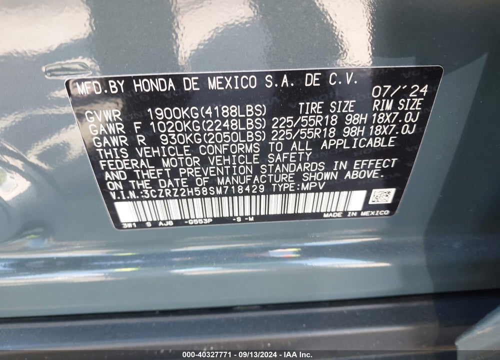 2025 HONDA HR-V AWD SPORT VIN: 3CZRZ2H58SM718429