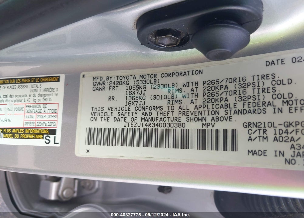 2004 TOYOTA 4RUNNER SR5 V6 VIN: JTEZU14R340030380