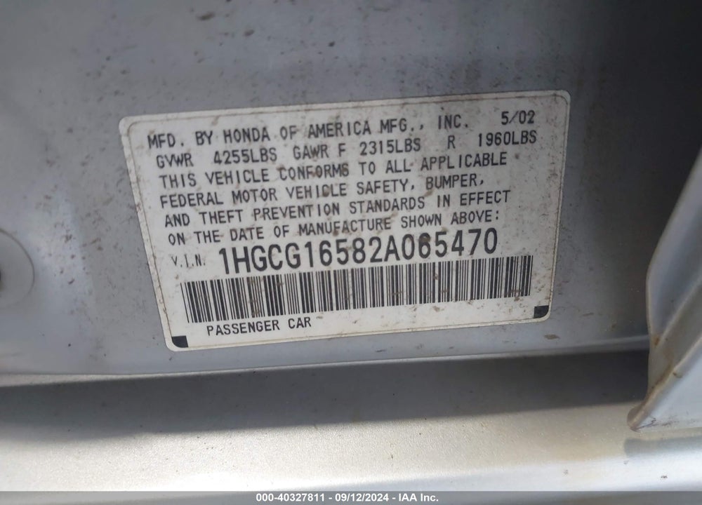 2002 HONDA ACCORD 3.0 EX VIN: 1HGCG16582A065470