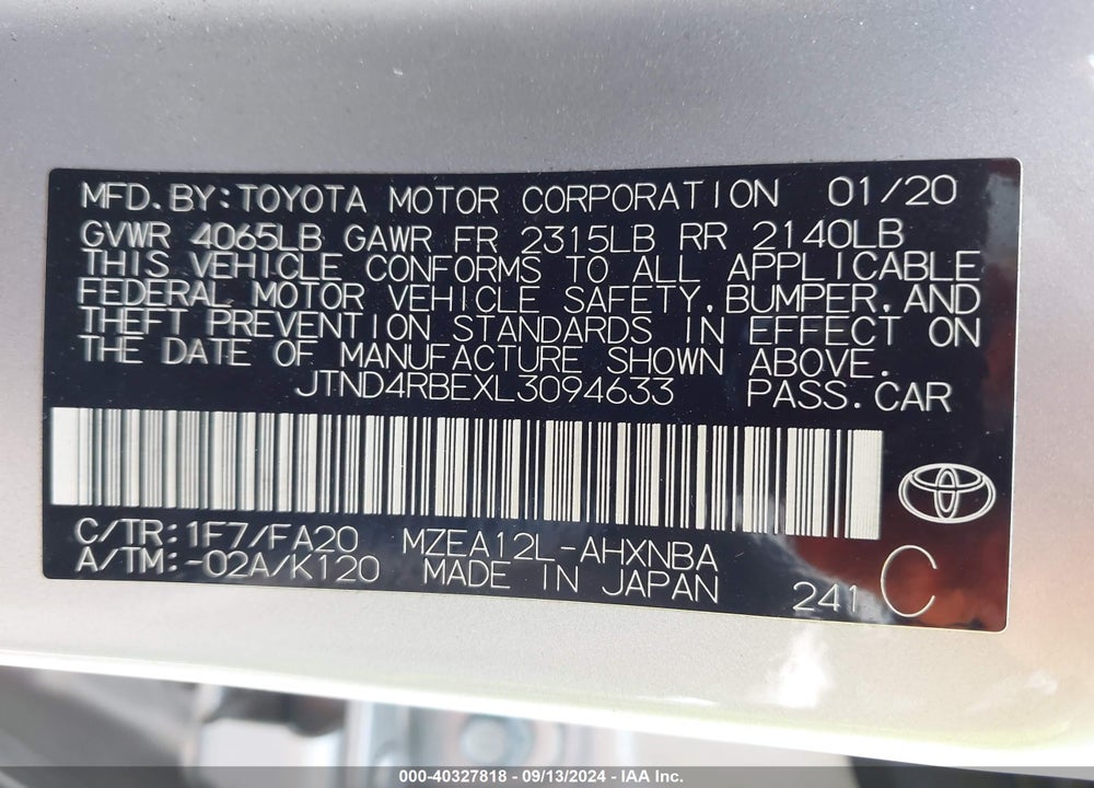 2020 TOYOTA COROLLA SE VIN: JTND4RBEXL3094633