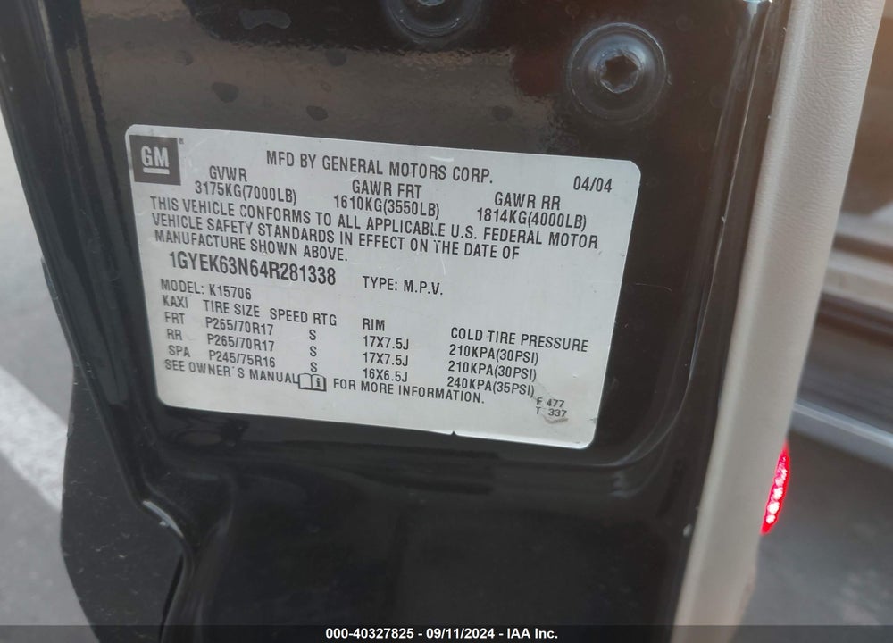 2004 CADILLAC ESCALADE STANDARD VIN: 1GYEK63N64R281338