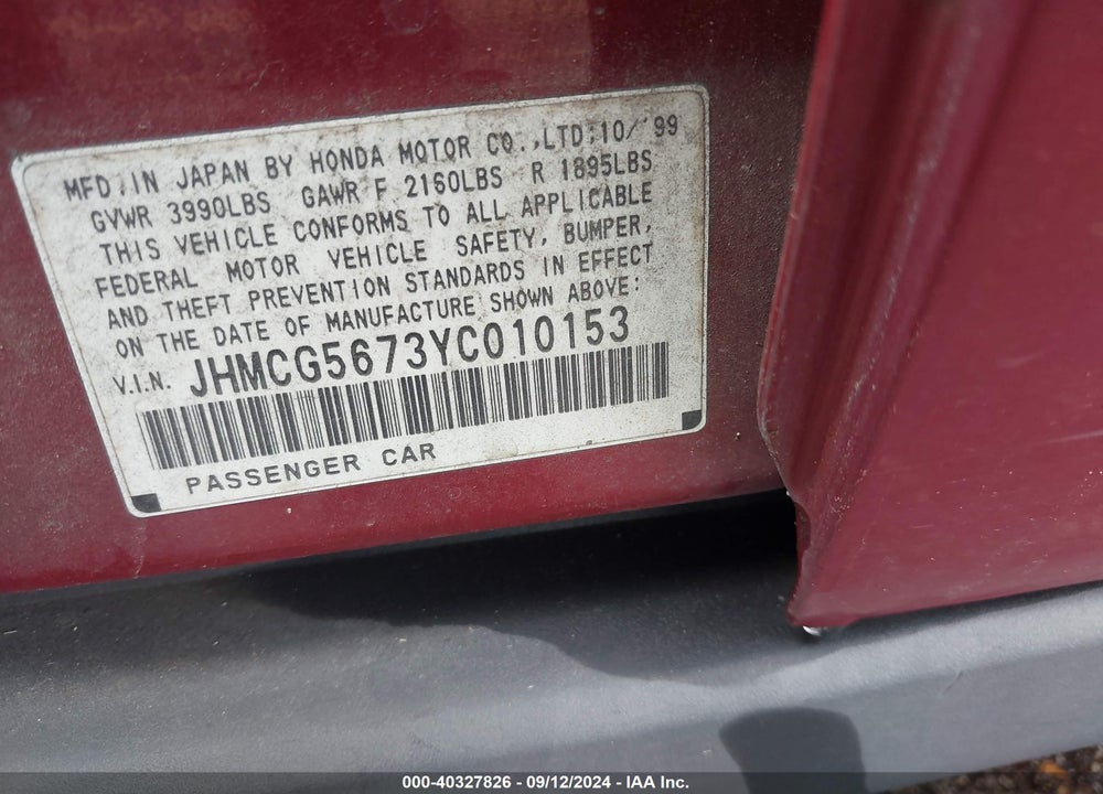 2000 HONDA ACCORD 2.3 SE VIN: JHMCG5673YC010153