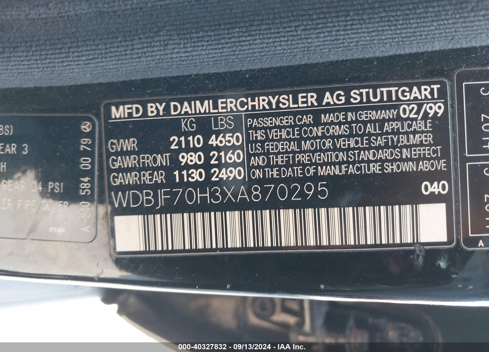 1999 MERCEDES-BENZ E 430 VIN: WDBJF70H3XA870295