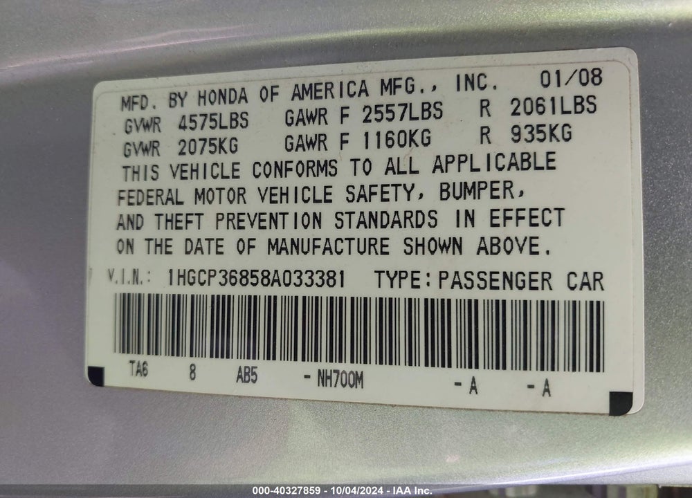 2008 HONDA ACCORD 3.5 EX-L VIN: 1HGCP36858A033381