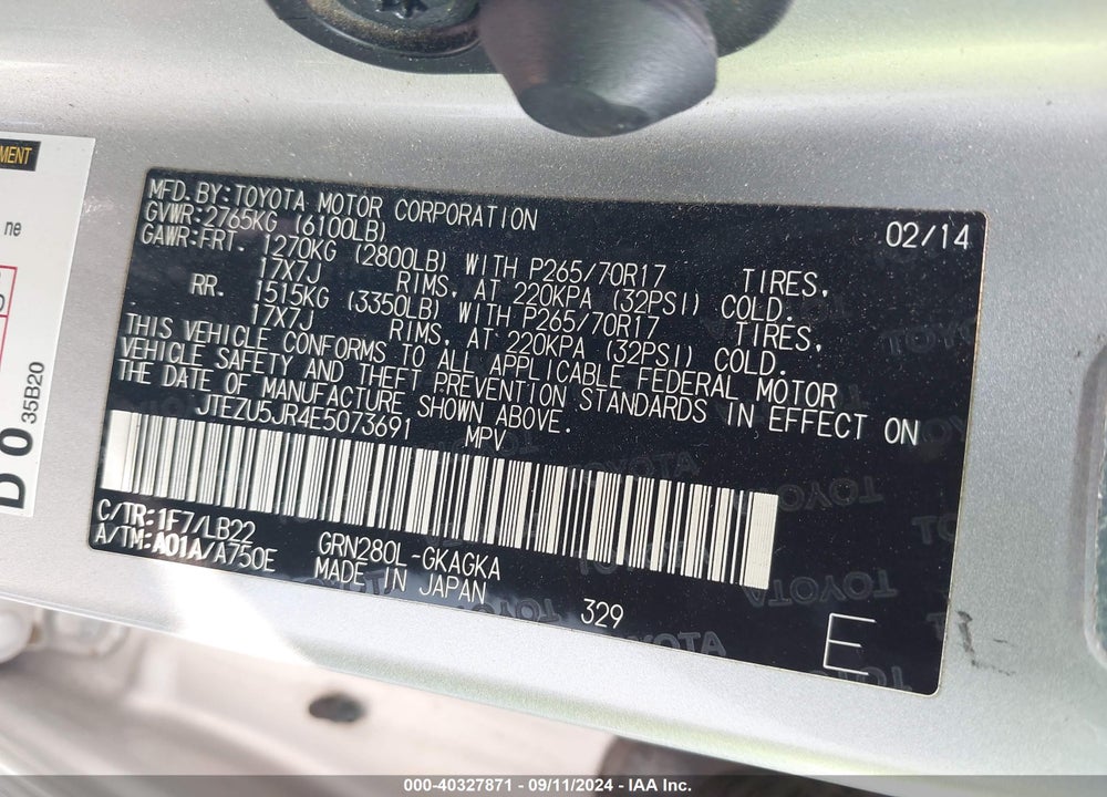2014 TOYOTA 4RUNNER SR5 PREMIUM VIN: JTEZU5JR4E5073691