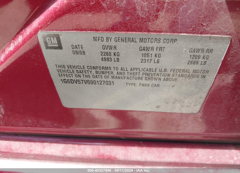 2009 CADILLAC CTS STANDARD VIN: 1G6DV57V690127031