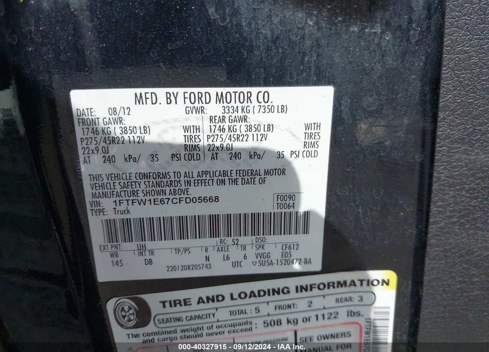 2012 FORD F-150 HARLEY-DAVIDSON VIN: 1FTFW1E67CFD05668