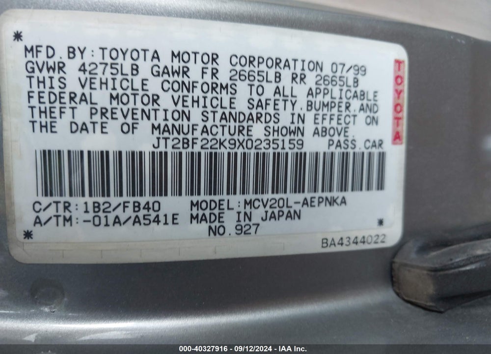 1999 TOYOTA CAMRY LE V6 VIN: JT2BF22K9X0235159