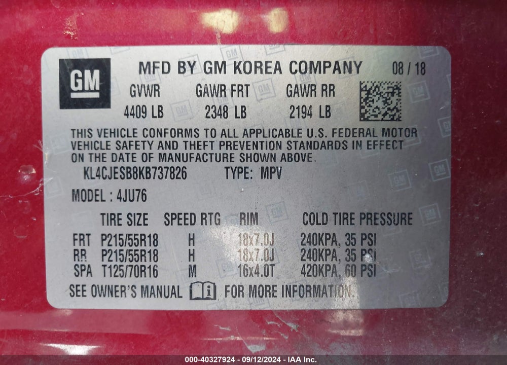 2019 BUICK ENCORE AWD PREFERRED VIN: KL4CJESB8KB737826