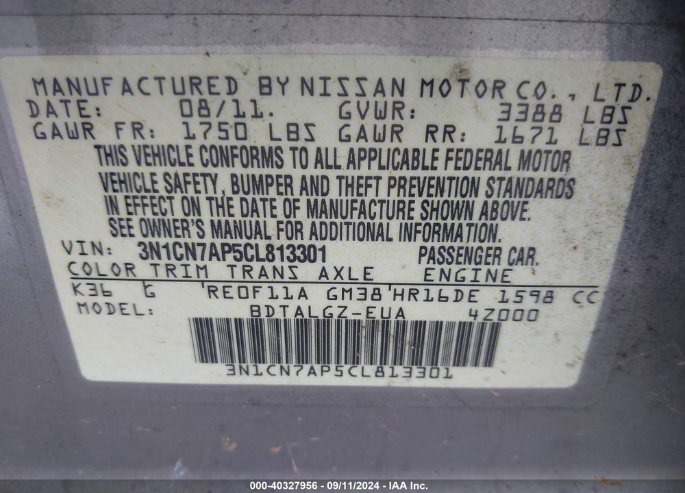 2012 NISSAN VERSA 1.6 S/1.6 SL/1.6 SV VIN: 3N1CN7AP5CL813301